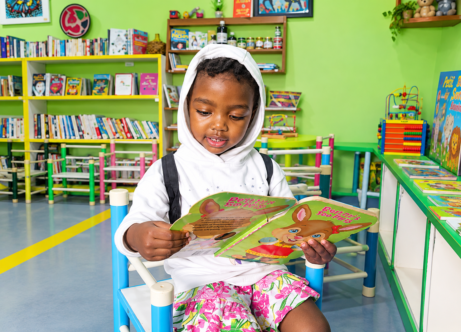 Apprenante consultant un livre dans la bibliothèque